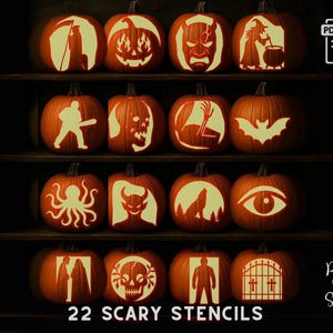 Puede incluir: Una colección de calabazas talladas con varios diseños espeluznantes, incluyendo una parca, un murciélago y una calavera. Las calabazas están dispuestas en estantes, con el texto "Printable Stencils" y "22 Scary Stencils" visible.