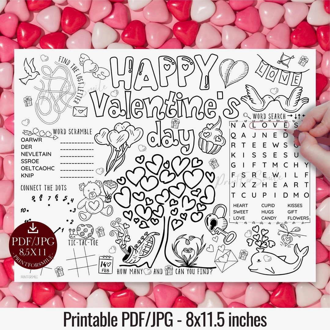 Valentines Day Placemat PRINTABLE Kids Activity Page Coloring Party - Etsy