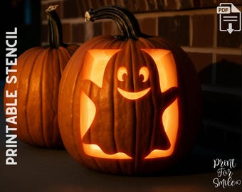 May include: Two carved pumpkins with a ghost design, lit from within, creating a warm orange glow. The pumpkins are set against a dark background, with the words "PRINTABLE STENCIL" on the left side.