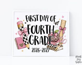 First Day of 4th Grade Sign, Girl Printable, Pink Coquette Bow, Checkered Leopard, Back to School Sign, Digital Download