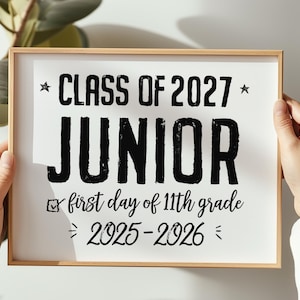Panneau imprimable premier jour de primaire, panneau d&#39;école de 11e année, promotion 2027, panneau de lycée, moderne