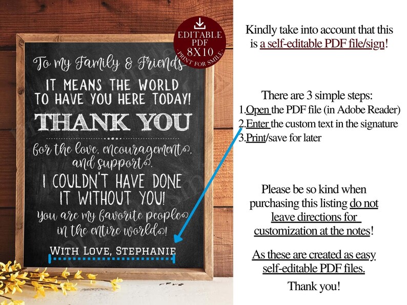 Graduation Thank You Sign PRINTABLE Party Decorations Personalizable ...