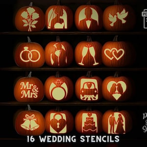 May include: Sixteen wedding stencils carved into pumpkins, arranged on a dark wooden shelf. Designs include rings, doves, and a bride and groom. The text "PRINTABLE STENCILS" and "16 WEDDING STENCILS" are visible, offering a variety of wedding-themed designs.