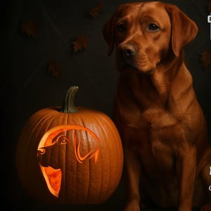 May include: A carved pumpkin with a dog silhouette and a brown dog sitting next to it. The pumpkin has a lit interior. The words "PRINTABLE STENCILS" are on the left side of the image. The words "print for smiles" are on the bottom right.