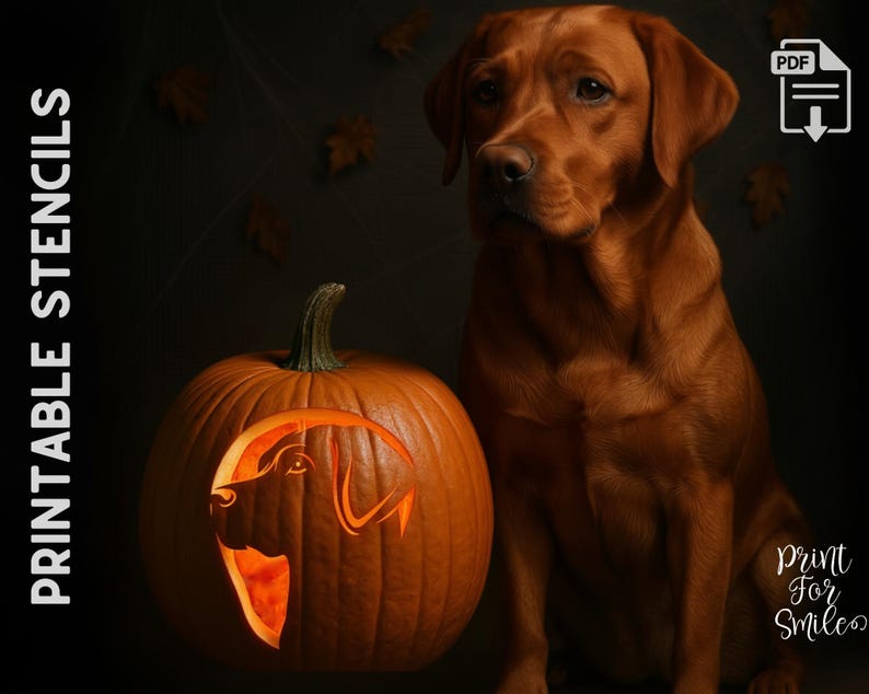 May include: A carved pumpkin with a dog silhouette and a brown dog sitting next to it. The pumpkin has a lit interior. The words "PRINTABLE STENCILS" are on the left side of the image. The words "print for smiles" are on the bottom right.