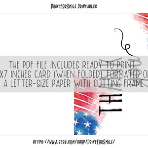 May include: Printable 5x7 inch card with a watercolour design of the American flag. The PDF file includes a cutting frame for easy printing on A4 paper.