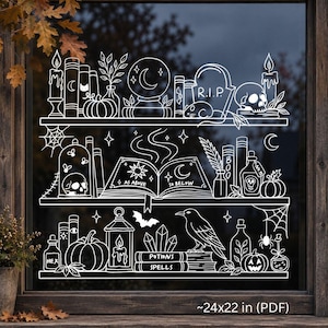 May include: A white line art window decal featuring three shelves filled with mystical items including a crystal ball, a tombstone marked R.I.P., a skull, an open book with the text AS ABOVE SO BELOW, a raven, pumpkins, and books labeled POTIONS SPELLS.