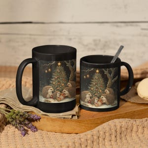 Christmas Hedgehog Family Black Mug - 'Tis the Season, Holiday Coffee Cup, Festive Tea Mug, Cute Animal Gift, Christmas Tree Cup
