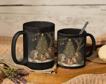Christmas Hedgehog Family Black Mug - 'Tis the Season, Holiday Coffee Cup, Festive Tea Mug, Cute Animal Gift, Christmas Tree Cup