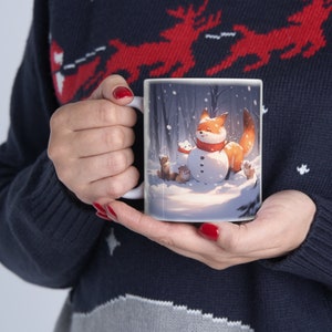 Taza de café con muñeco de nieve, taza de zorro con muñeco de nieve, taza navideña con muñeco de nieve, taza con animales del bosque, taza navideña, linda taza navideña, taza de cerámica con muñeco de nieve