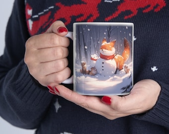 Fox and Snowman Coffee Mug, Christmas Forest Animals, Holiday Ceramic Cup