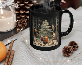 Winter Solstice Christmas Mug, Woodland Yuletide Mug, Forest Animals Mug, Christmas Tree Mug, 11oz Ceramic Coffee Mug, Cute Yuletide Mug