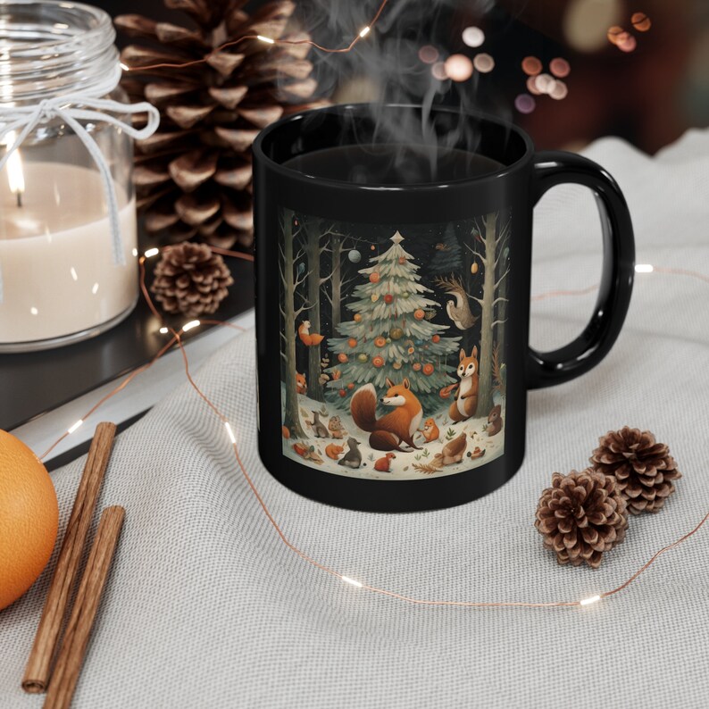 Winter Solstice Christmas Mug, Woodland Yuletide Mug, Forest Animals Mug, Christmas Tree Mug, 11oz Ceramic Coffee Mug, Cute Yuletide Mug image 5