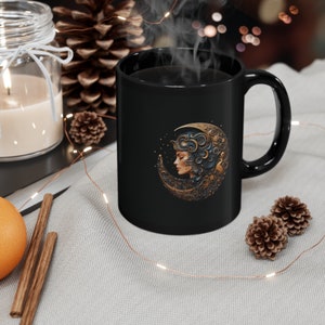 Goddess of the Night Sky Mug, Moon Goddess Ceramic Coffee Mug, Goddess 11oz Black Mug, Spiritual Mug, Celestial Coffee Mug, Night Sky Cup