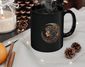 Goddess of the Night Sky Mug, Moon Goddess Ceramic Coffee Mug, Goddess 11oz Black Mug, Spiritual Mug, Celestial Coffee Mug, Night Sky Cup