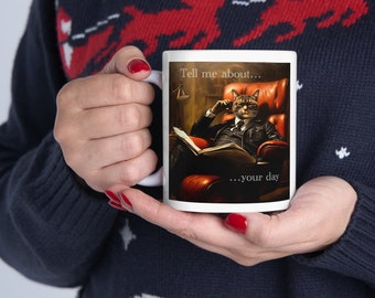 Tell Me About Your Day Mug: Custom Cat Ceramic Mug