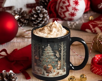 Winter Solstice Christmas Mug, Woodland Yuletide Mug, Forest Animals Mug, Christmas Tree Mug, 11oz Ceramic Coffee Mug, Cute Yuletide Mug