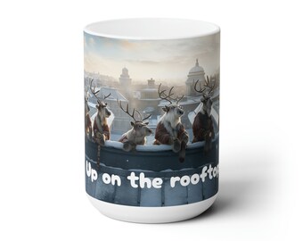 Rooftop Reindeer Coffee Mug - Rudolph Christmas Photo 15oz