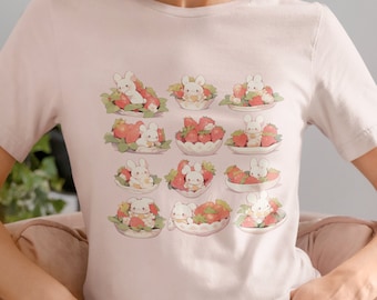 Cute Strawberry Shirt, Strawberries and Cream T-Shirt, Strawberry Shortcake tshirt, Bunny Shirt, Cottage Core Shirt, Fruit Shirt