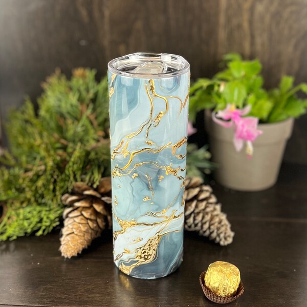 Blue and Gold Marbleized Tumbler, Gold Veined Tumbler, Marbleized Travel Mug, Valentine's Day Gifts, Gift for Teacher, Gift for Her