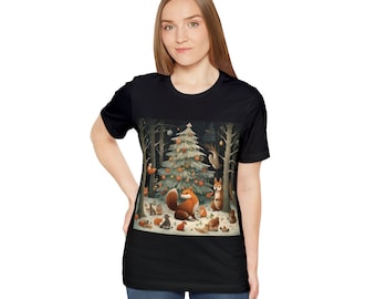 Woodland Yuletide T-Shirt, Christmas Tree Yule Shirt, Vintage Fox Christmas T-Shirt, Winter Solstice Yuletide Shirt, Christmas Party T-Shirt