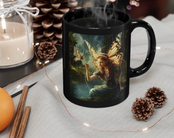 Fairy Secret Message Black Mug - Whimsical Coffee Cup (11oz)