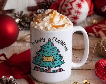 Cat Christmas Tree Mug, Festive Holiday Coffee Cup, Pet Lover Gift