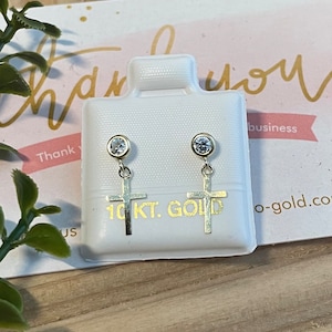 10k gold dangle cross screw earrings, layerings earrings, small gold earrings, unisex earrings, hypoallergenic