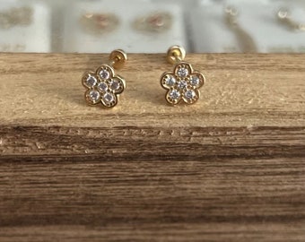 10k Gold Flower Earrings: Cubic Zirconia Screw Back
