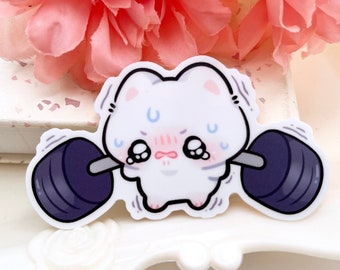 Struggling Gym Cat Waterproof Vinyl Sticker | Gym Motivation Cute Chibi Art Animal Sticker | Muscle Weightlifting Kawaii Gift | Laptop Decal