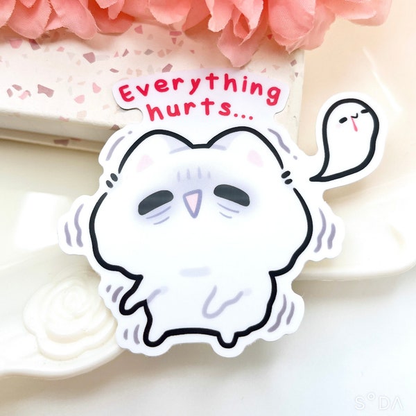 Everything Hurts Gym Cat Waterproof Vinyl Sticker | Gym Funny Cute Chibi Art Animal Sticker | Muscle Weightlifting Kawaii Gift Laptop Decal