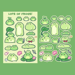 Frogs Waterproof Sticker Sheet | Kawaii Chibi Art Farm Animals | Cute Cartoon Pet Breed Gift | Froggies Toad Reptile Amphibian Laptop Decal