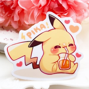 Schattige Pika drinken sap Anime waterdichte vinyl sticker | Kawaii dier retro spel muis monster cadeau