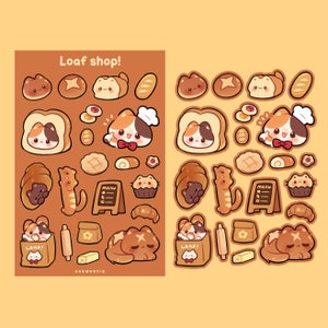 Loaf Shop Waterproof Sticker Sheet | Kawaii Chibi Art Kitten | Cute Cartoon Pet Breed Gift | Animal Lover Souvenir | Bakery Bread Stickers