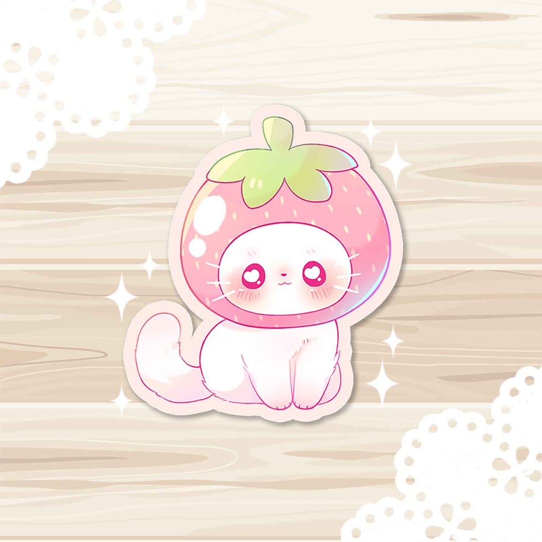 Strawberry Cat Sticker Cat Sticker Kitten Sticker Cute Etsy