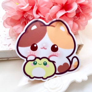 Adesivo de vinil impermeável amigo sapo gato | Animal de gatinho de arte Kawaii Chibi | Presente da raça do animal de estimação da chita dos desenhos | Decalque para pc Sapo