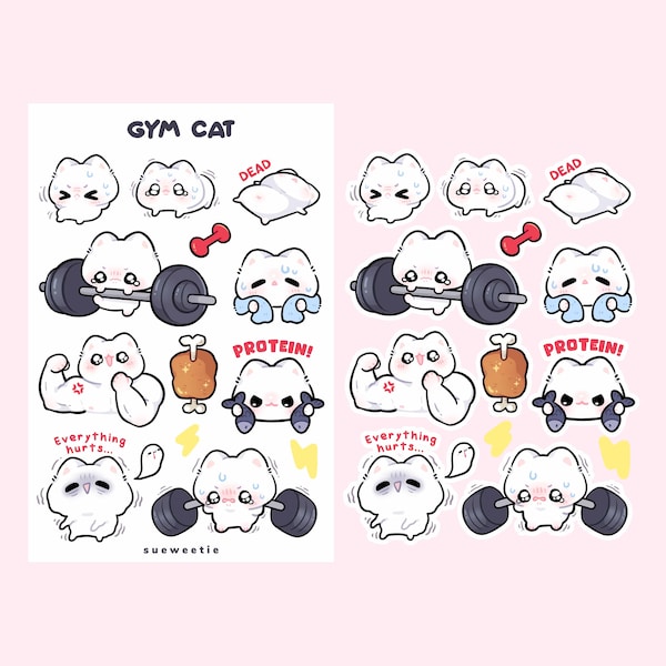 Gym Cats Waterproof Sticker Sheet | Kawaii Chibi Art Kitten Animal | Cute Cartoon Pet Breed Gift | Laptop Decal