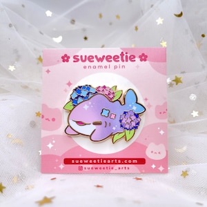Hydrangeas Flowers Floral Shark Enamel Pin | Cute Chibi Art Pet Kitty | Cartoon Kawaii Animal Lover Gift | Lapel Pin Ita Bag Filler