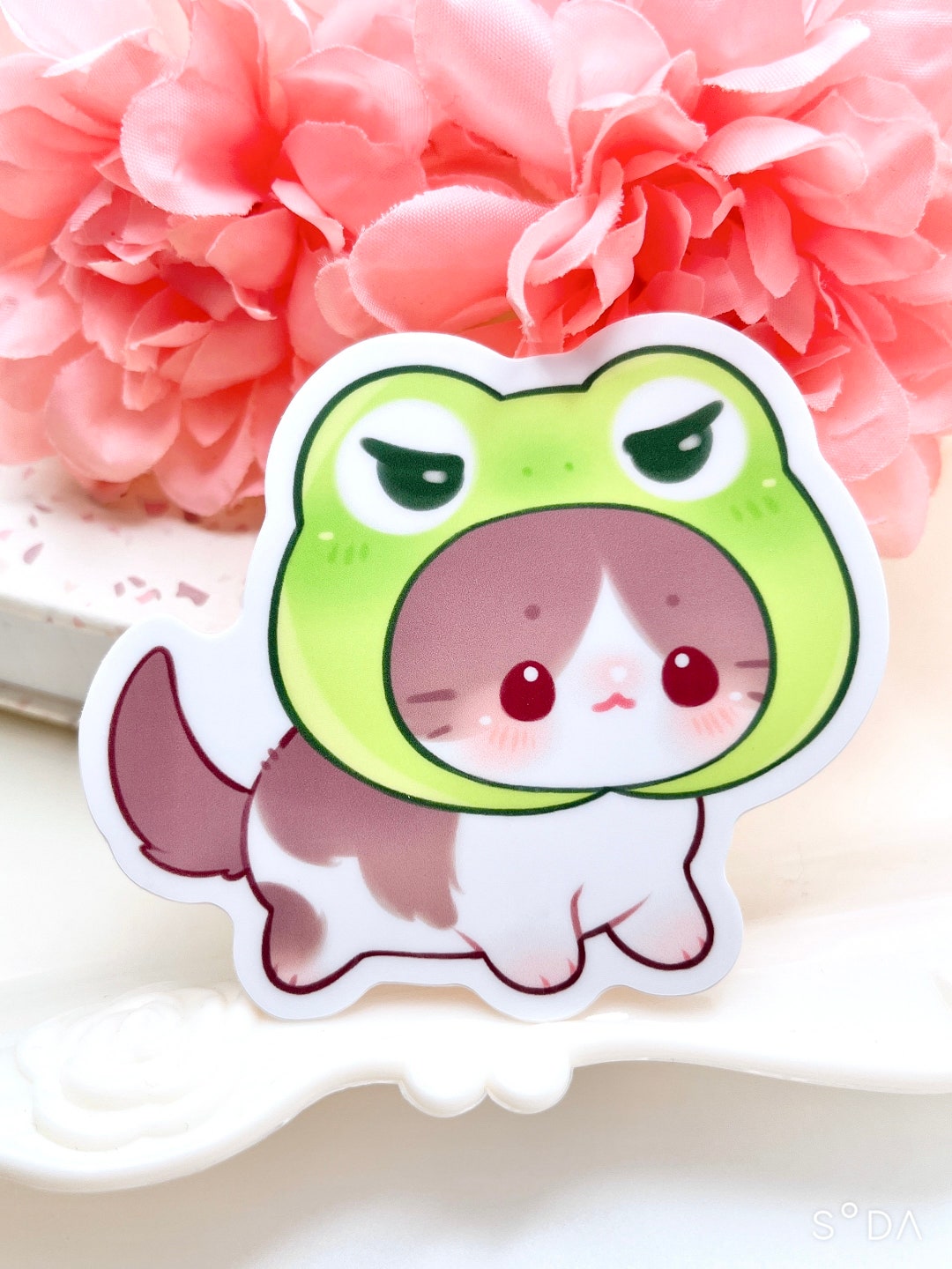 Froggy Hat Cat Waterproof Vinyl Sticker | Kawaii Chibi Art Kitten ...