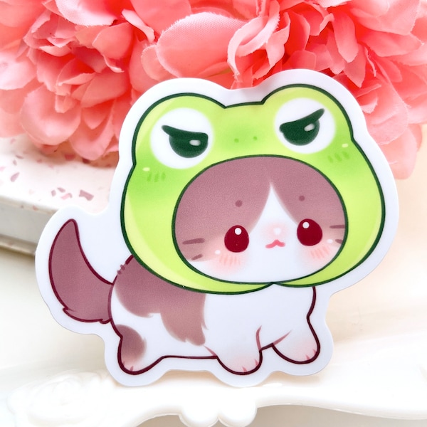 Froggy Hat Cat Waterproof Vinyl Sticker | Kawaii Chibi Art Kitten Animal | Cartoon Pet Breed Gift | Frog Amphibian Froggie Laptop Decal