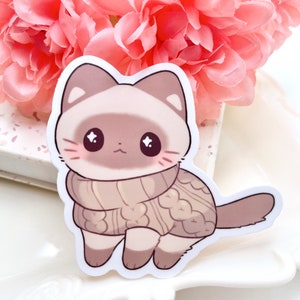 Suéter gato impermeable vinilo pegatina / otoño otoño lindo gatito / dibujos animados Kawaii animal siamés marrón tabby gato mascota raza regalo / calcomanía portátil
