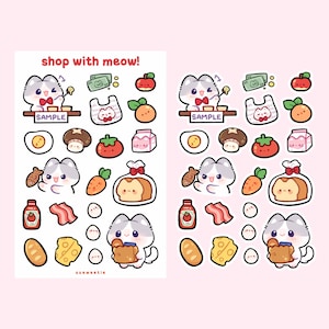Shop with Meow Waterproof Sticker Sheet | Kawaii Chibi Art Kitten | Cute Cartoon Pet Breed Gift | Animal Lover Souvenir Grocery Food Sticker