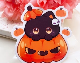 Pumpkin Black Cat Waterproof Vinyl Sticker | Halloween Fall Autumn Pumpkin | Cute Kawaii Chibi Art Animal Black Cat Pet Breed Gift | Decal