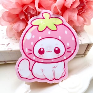 Fresa gato impermeable vinilo pegatina / lindo Chibi arte animal / Kawaii dibujos animados gato blanco mascota raza regalo / calcomanía portátil / gatito gatito