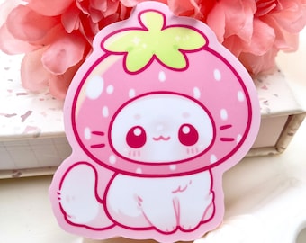 Strawberry Cat Waterproof Vinyl Sticker | Cute Chibi Art Animal | Kawaii Cartoon White Cat Pet Breed Gift | Laptop Decal | Kitty Kitten