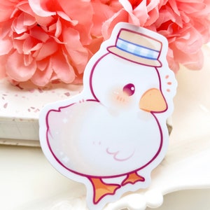 Pato con sombrero pegatina de vinilo impermeable / Kawaii lindo pato Chibi animal de granja / dibujos animados pato blanco mascota raza regalo / calcomanía portátil