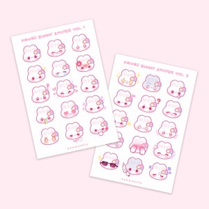 Bunny Emotes Foglio adesivo impermeabile / Coniglio Kawaii Chibi Art / Regalo di compleanno di razza animale domestico simpatico cartone animato / Bottiglia d'acqua souvenir amante degli animali