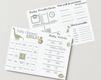 Dinosaur Themed Green Baby shower activity booklet with bingo- customizable fonts, colors, and design