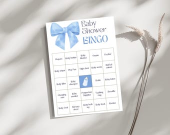 Baby Shower Gift Bingo Game- Baby Shower Blue Boy Bow Activity- 30 bingo cards