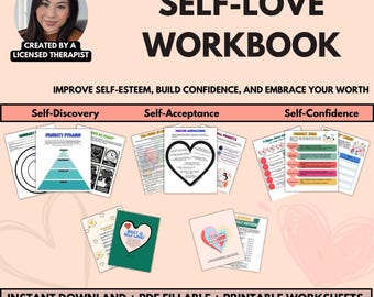 Self Love Workbook, Self-Esteem, Confidence, Therapy Worksheets, Mental Health, CBT, Mindfulness, Mental Health, Journaling